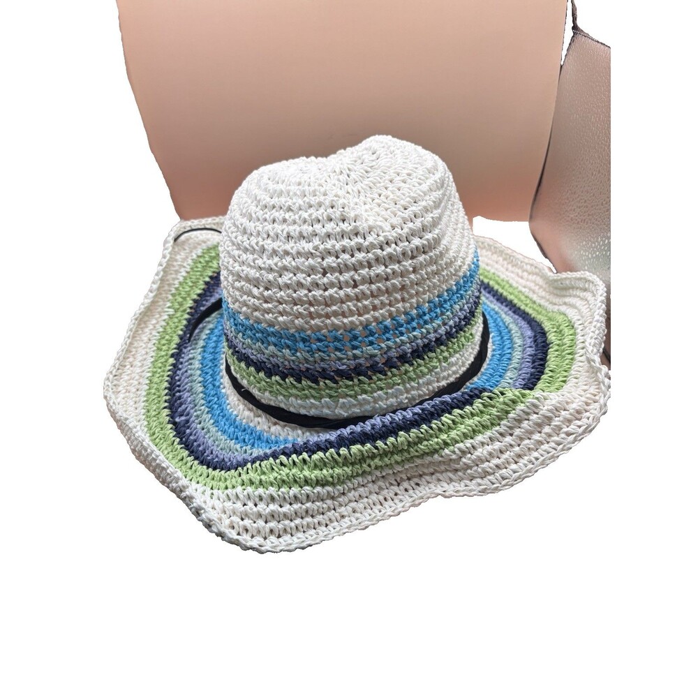 Curations Crochet Sun Hat Wide Brim Multicolor Striped Beach Garden Summer